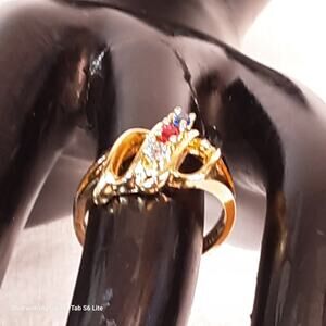 Red White Blue Stone Ring On Gold Tone Open Prong Setting Sample